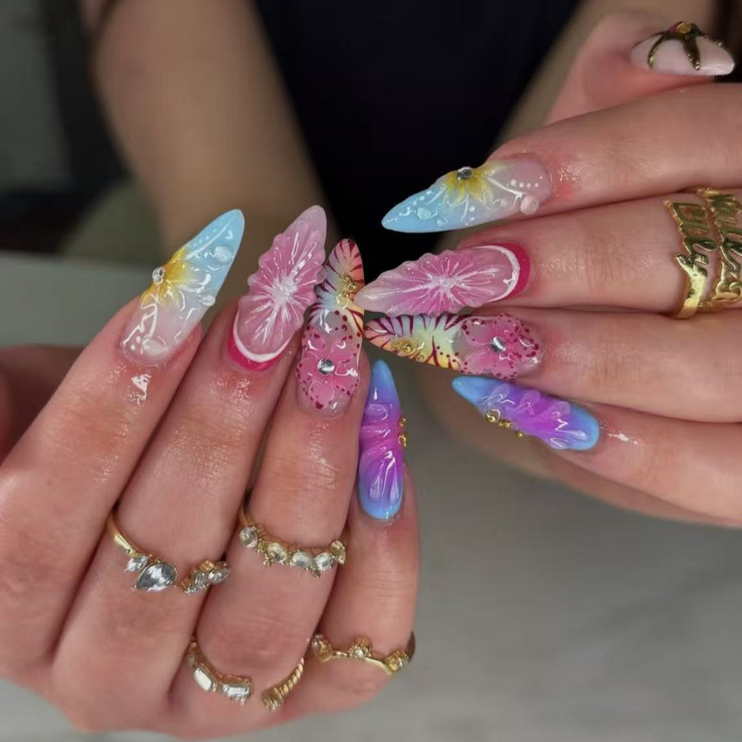 Artistic Press-On Nail Set with Floral 3D Design Bowlift