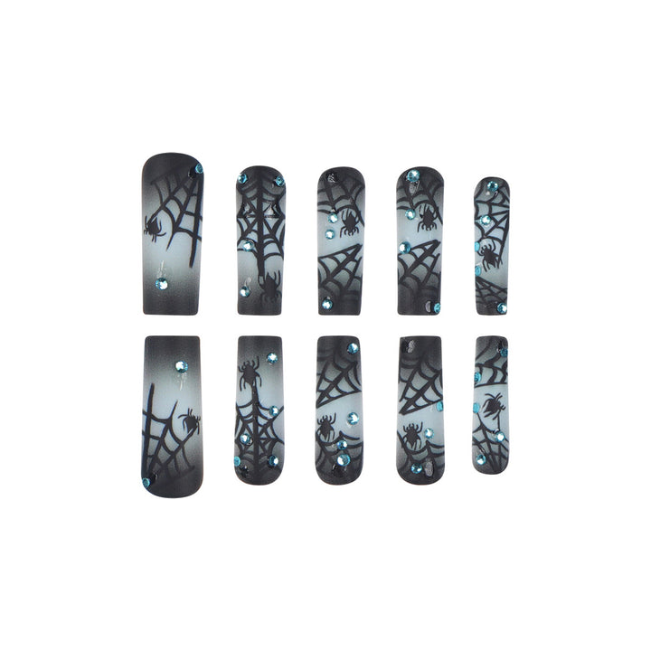 Halloween-Themed Stiletto Press-On Nails with Spider Web Design Bowlift