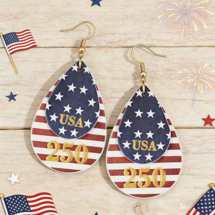Women's nan layered teardrop patriotic faux leather dangle earrings with gold-tone fishhook Bowlift