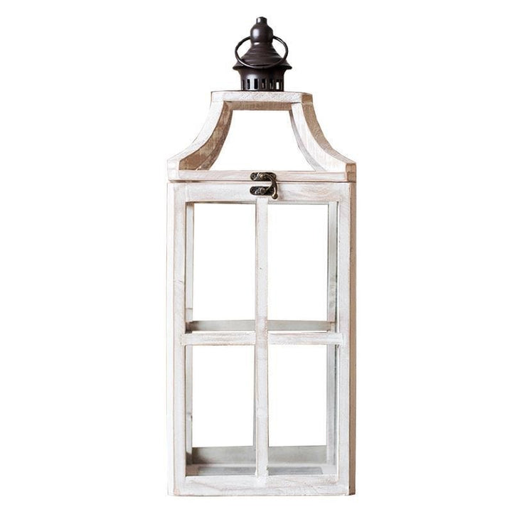 Rustic Windowpane Glass and Wood Candle Lantern with Hinged Door Bowlift