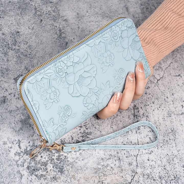 Embossed Floral Zip-Around Wristlet Wallet with Detachable Strap Bowlift