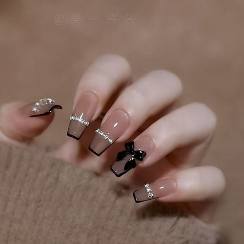 Artificial Nail Set with Glitter and Bow Motif Bowlift