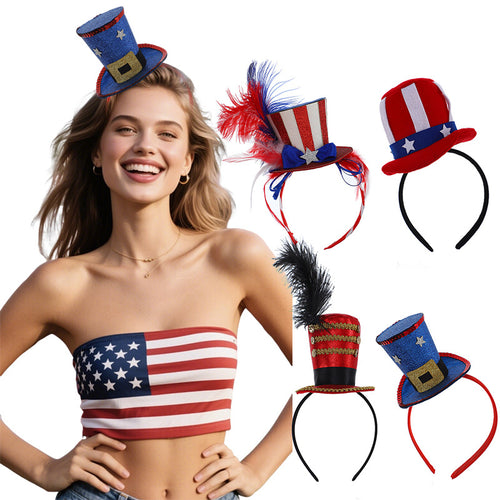 Unisex nan Party hairband with mini top hat and patriotic star ribbon Bowlift