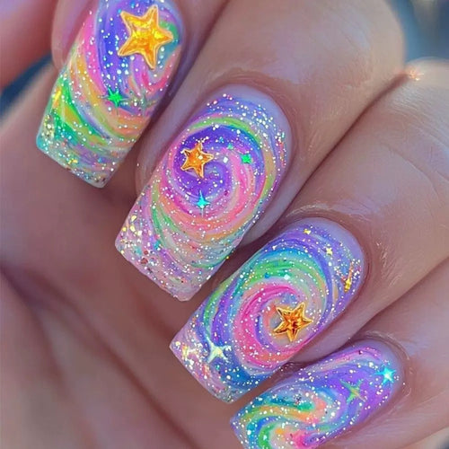 Glittering artificial nail set with colorful spiral design and star accents Bowlift