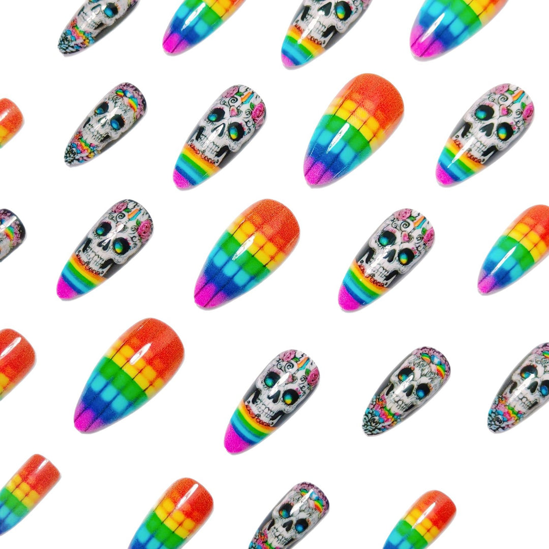 Creative artificial nails with skull design and rainbow colors Bowlift