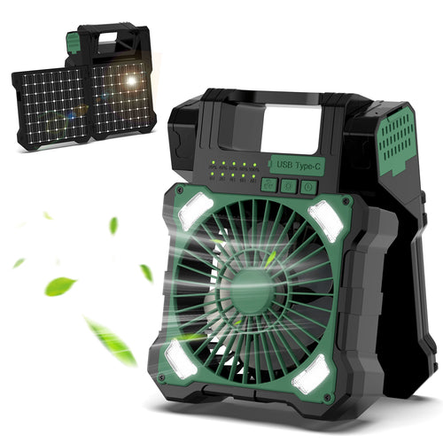 Cooling portable solar camping fan with USB-C power bank and integrated LED work light Bowlift