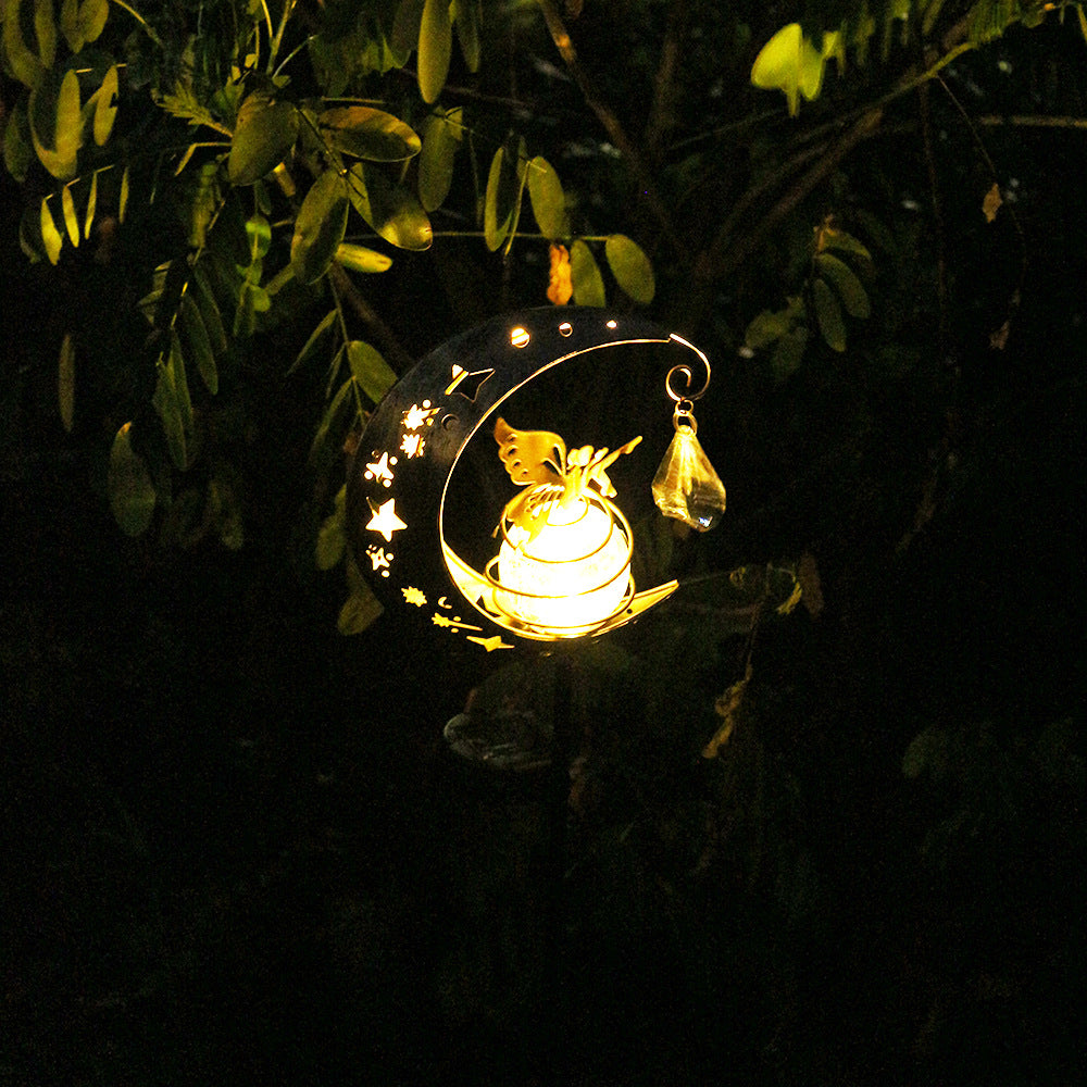 Crescent Moon Solar Garden Stake Light With Rotating Crackle Glass Orb And Butterfly Accent Bowlift