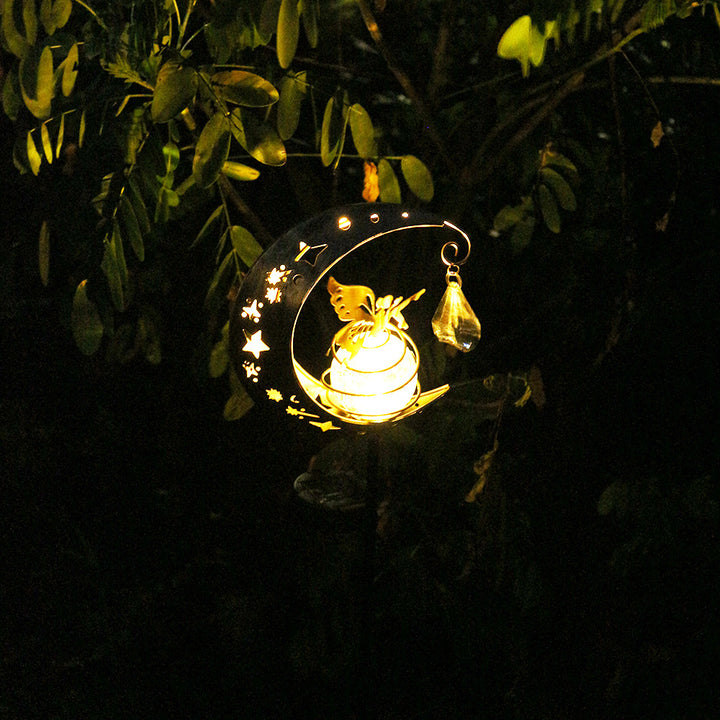 Crescent Moon Solar Garden Stake Light With Rotating Crackle Glass Orb And Butterfly Accent Bowlift