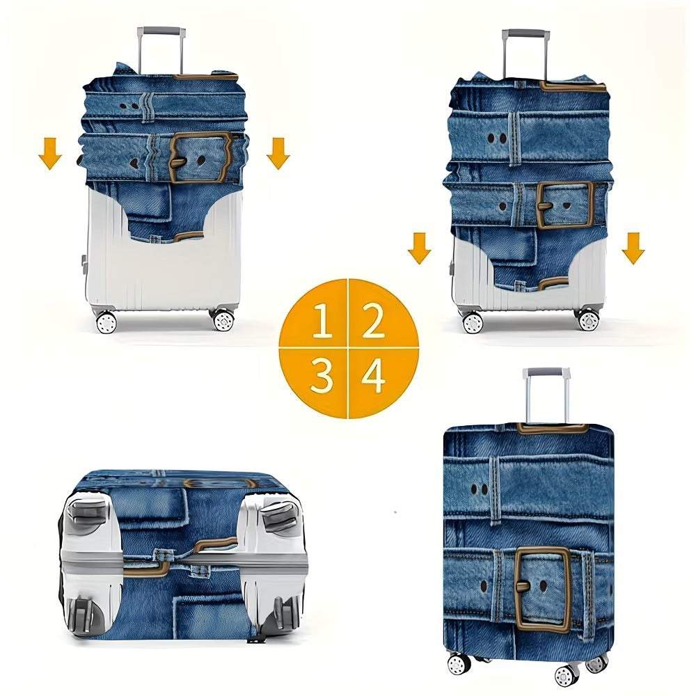 Unisex stylish suitcase cover with denim belt motif, elastic protective cover for rolling suitcase Bowlift