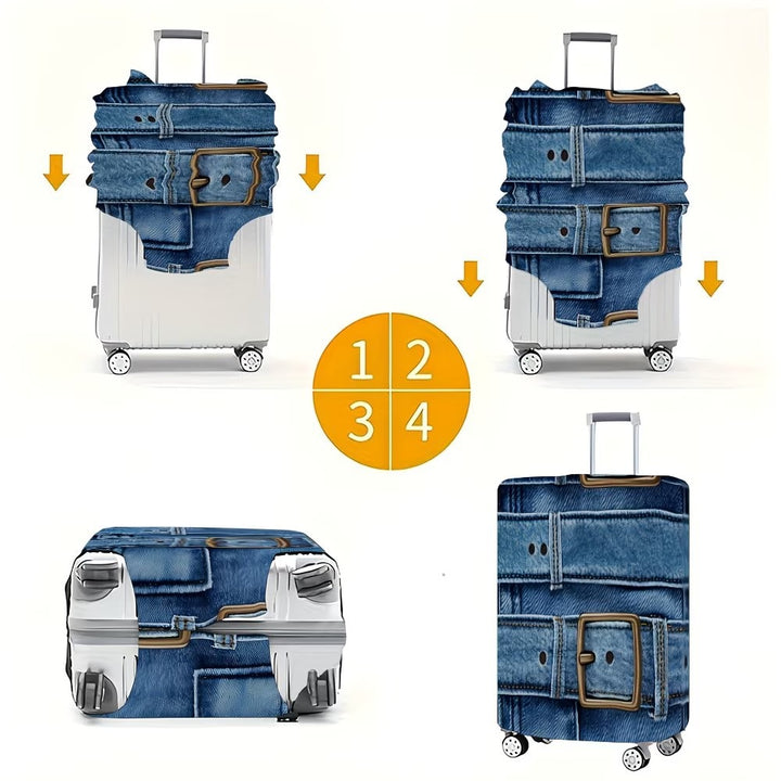 Unisex stylish suitcase cover with denim belt motif, elastic protective cover for rolling suitcase Bowlift