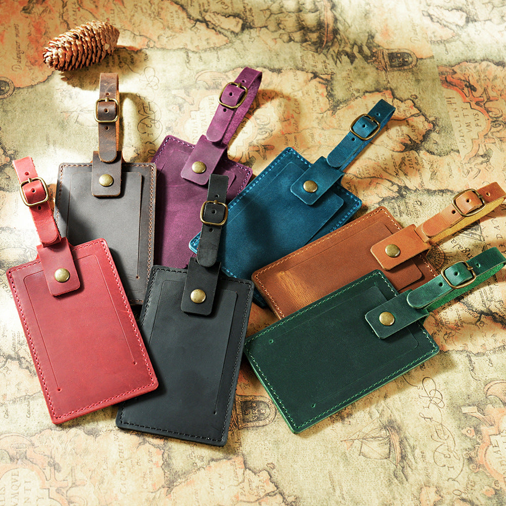 Vintage Full-Grain Leather Luggage Tag with Adjustable Buckle Strap Bowlift