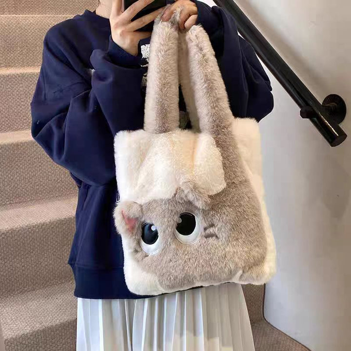 Plush Faux Fur Cartoon Eye-Appliqué Tote Bag with Bow Shoulder Straps Bowlift