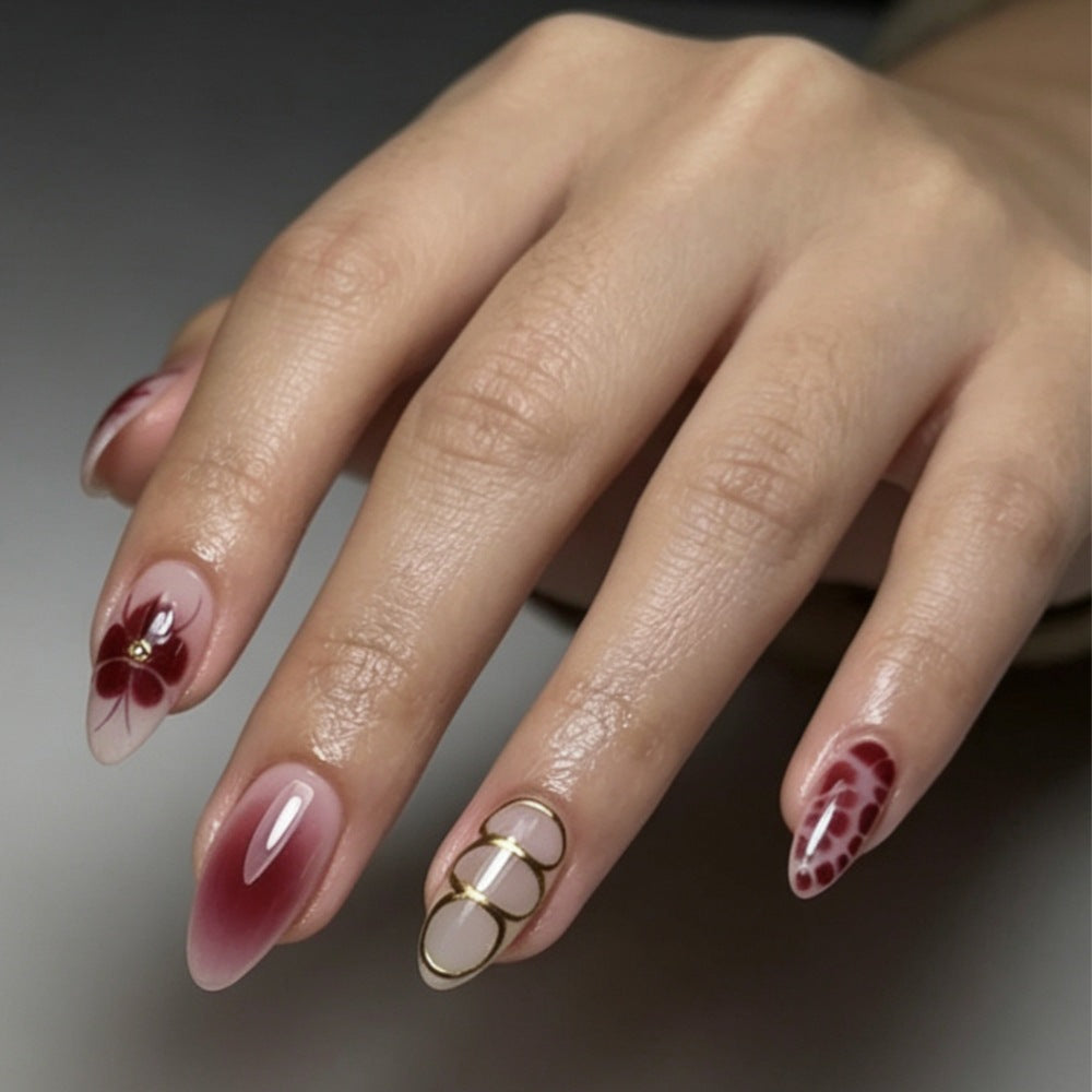 Artistic Press-On Nail Set with Floral and Ombre Designs Bowlift