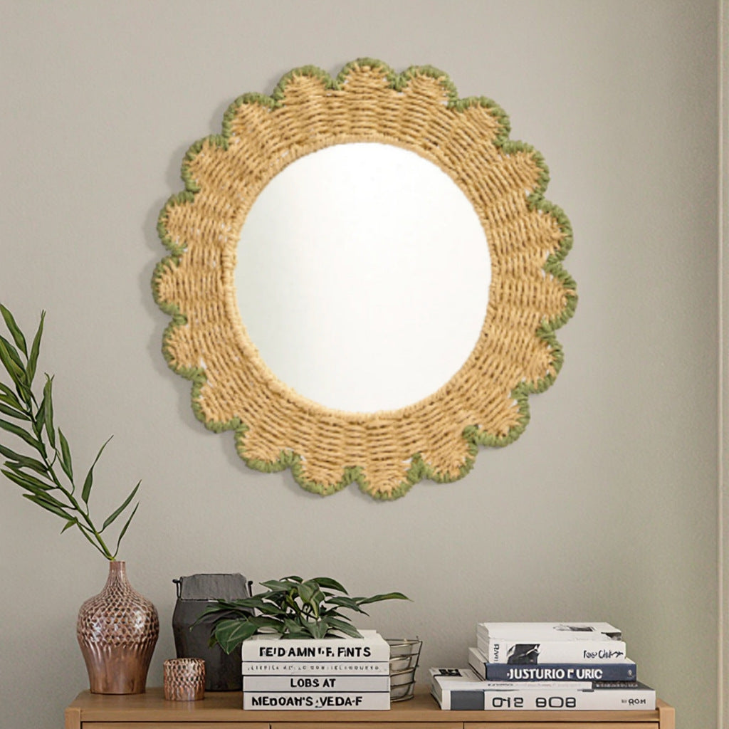 Decorative Round Wall Mirror with Natural Rattan Frame Bowlift