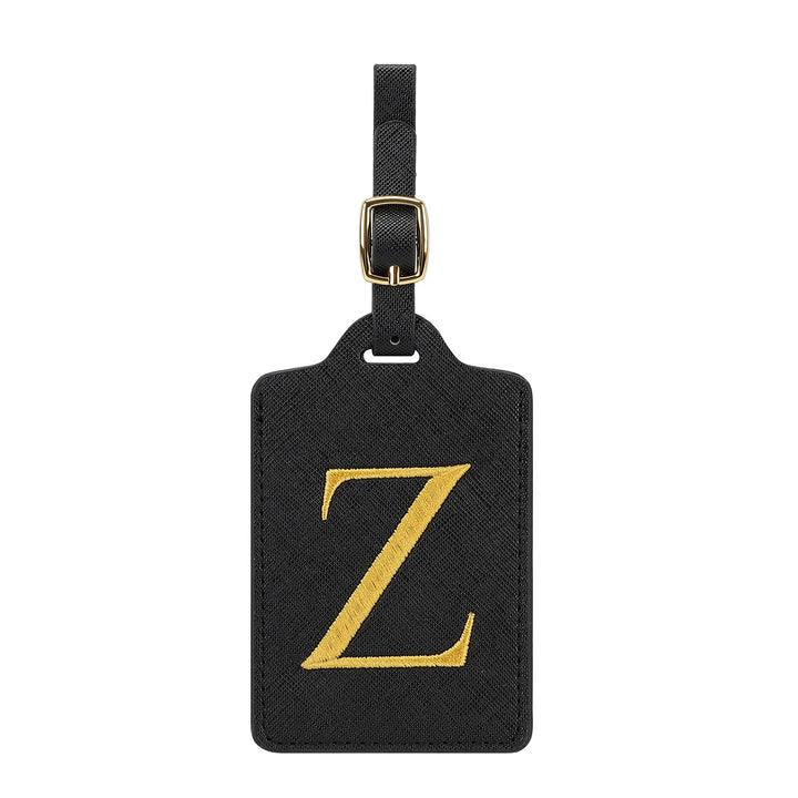 embroidered initial monogram leather luggage tag with adjustable buckle strap Bowlift