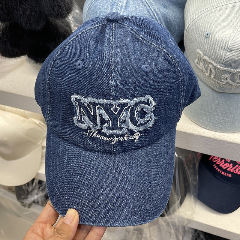 Unisex Distressed Denim Cap with NYC Embroidery Bowlift