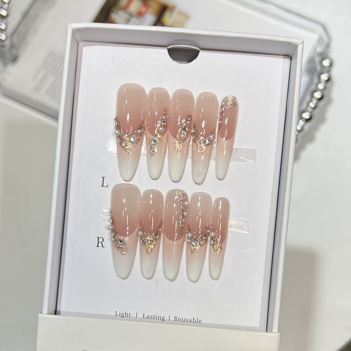 Elegant Stiletto Press-On Nail Art Set with Crystal and Pearl Accents Bowlift