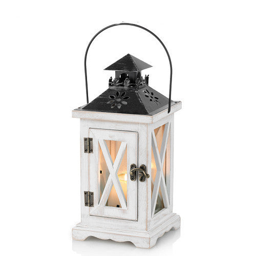 Rustic Distressed Wood Glass-Paneled Decorative Candle Lantern with Metal Top and Carry Handle Bowlift