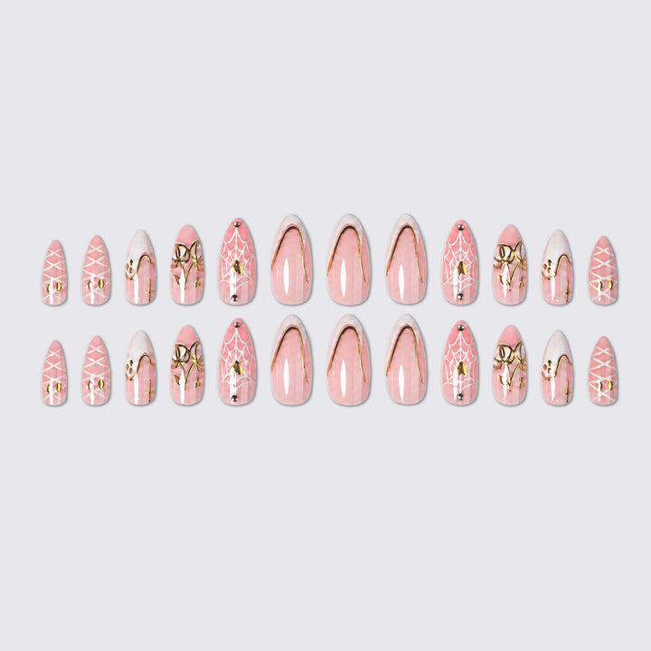 Acrylic nail set with elegant spider designs and golden accents Bowlift