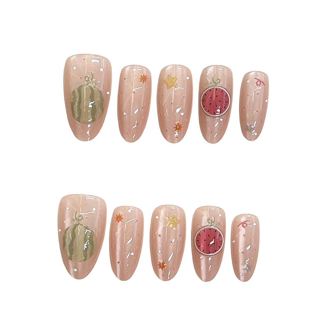 Artistic Press-On Nail Set with Elegant Fruit Designs Bowlift