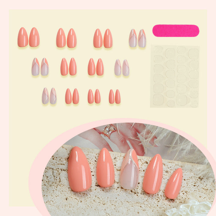 Glossy Press-On Nail Set with Artistic Marble Accents Bowlift