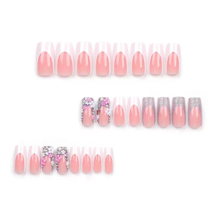 Artificial nail set with elegant 3D flowers and glitter embellishments Bowlift