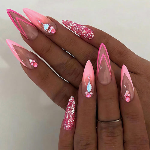 Artificial nail set with glamorous glitter and romantic flower decorations Bowlift