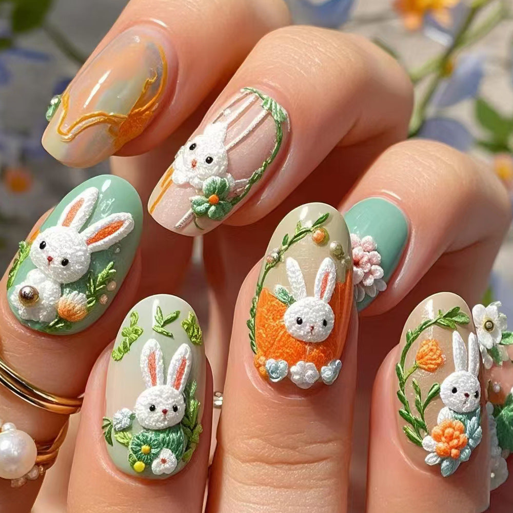 Whimsical Bunny-Themed 3D Press-On Nail Art Bowlift