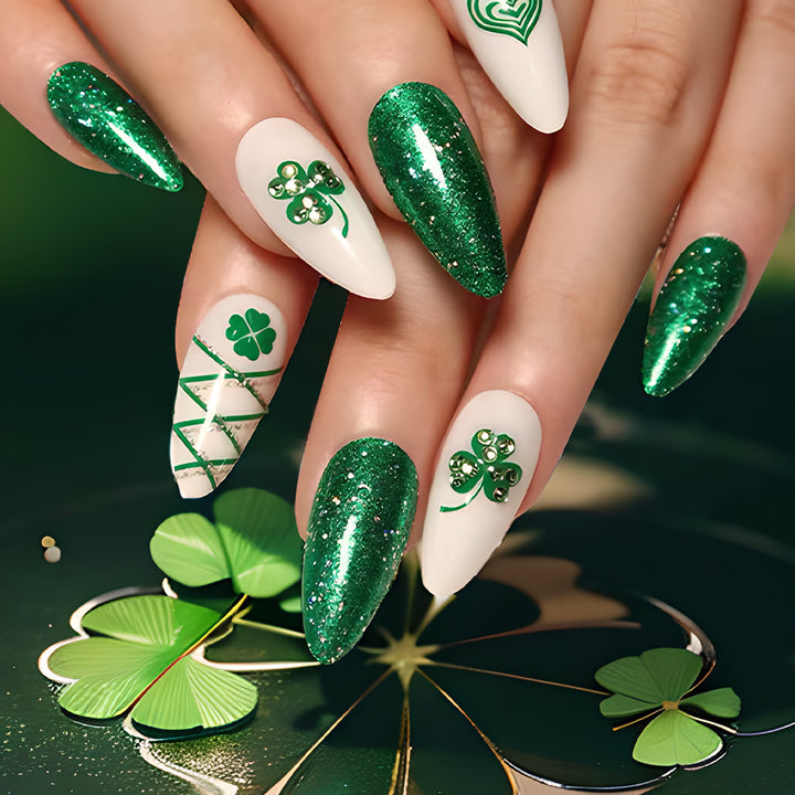 Glamorous Stiletto Press-On Nail Art with Glitter and Shamrock Design Bowlift