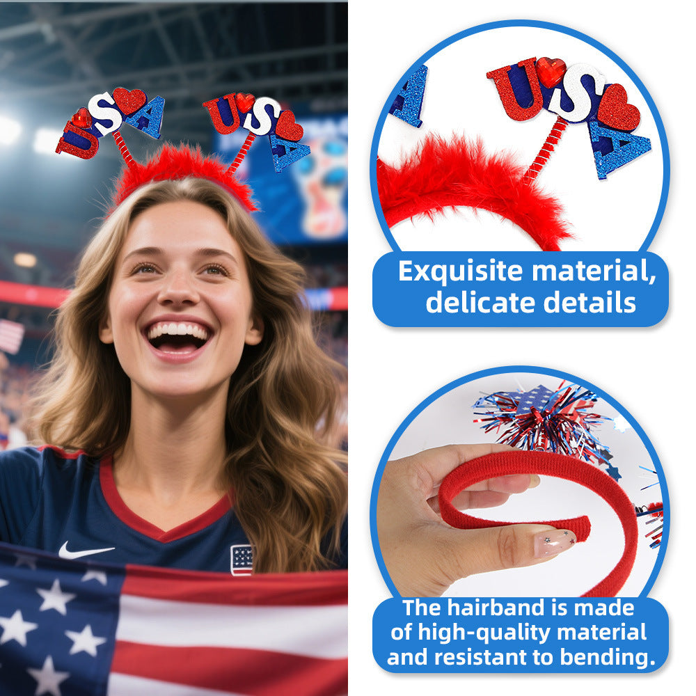 Unisex nan eye-catching party headband with attached pom poms, star tinsel, and small flag pendants Bowlift