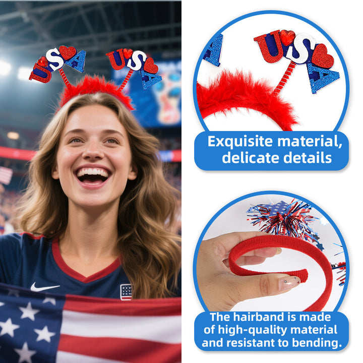 Unisex nan eye-catching party headband with attached pom poms, star tinsel, and small flag pendants Bowlift