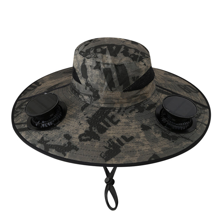 Wide sun hat with integrated solar fans breathable mesh adjustable chin strap Bowlift