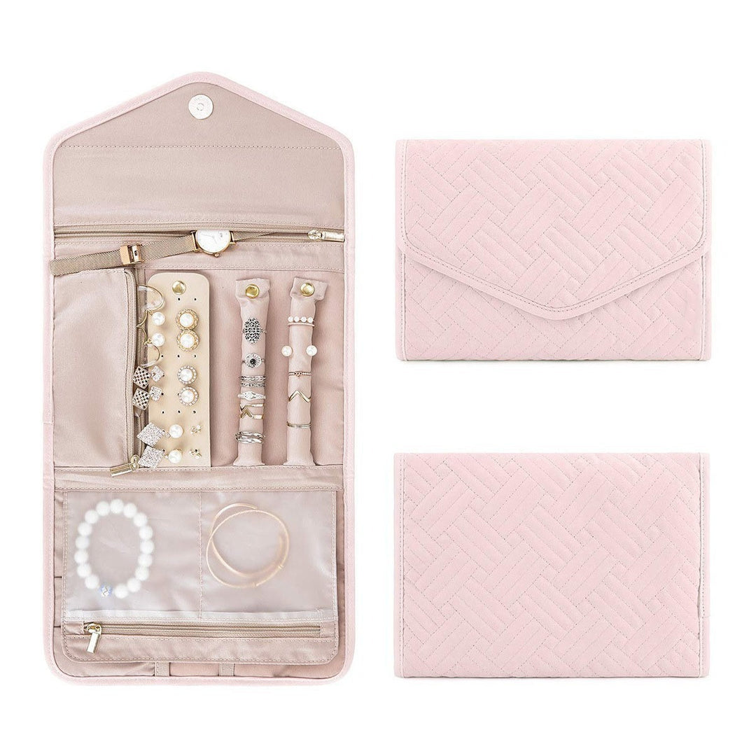 Quilted Foldable Travel Jewelry Organizer Roll with Zipper Pockets Bowlift
