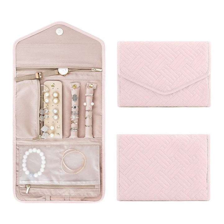 Quilted Foldable Travel Jewelry Organizer Roll with Zipper Pockets Bowlift