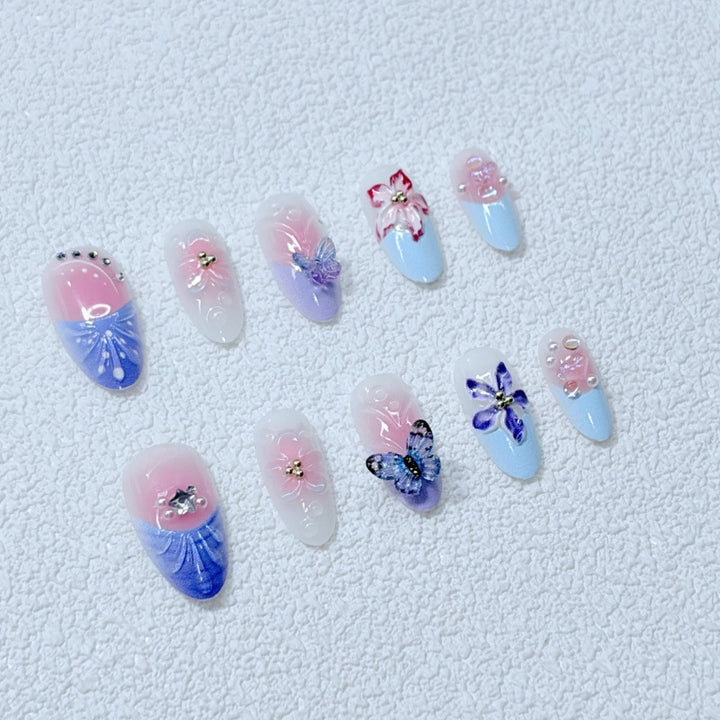 Artful Nail Art with Floral Details and Butterflies Bowlift
