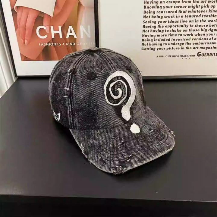 Women's Distressed Denim Baseball Cap with Graphic Design Bowlift