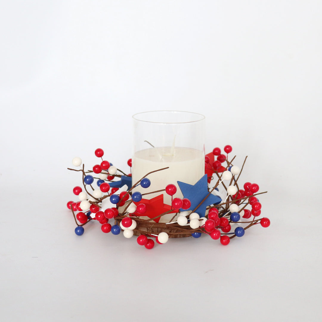 Unisex decorative door wreath with wooden stars and berry branches Bowlift
