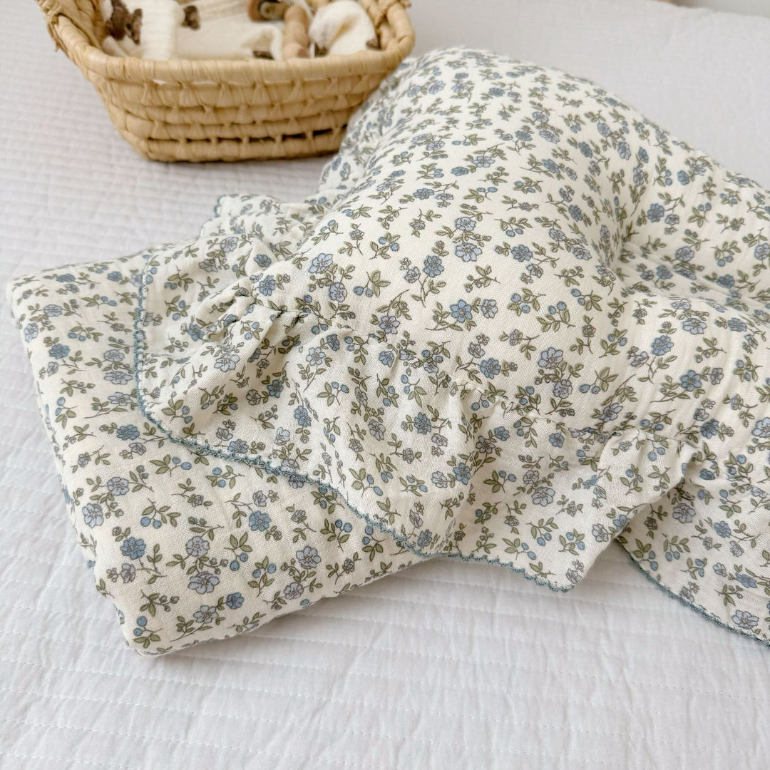 Unisex Muslin Blanket with delicate floral design and elegant ruffles Bowlift