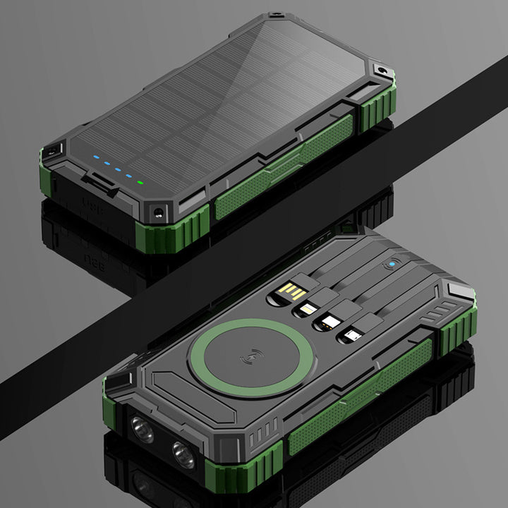 Robust Solar Power Bank with Multifunctional Charging Cable and Integrated Qi Charger Bowlift