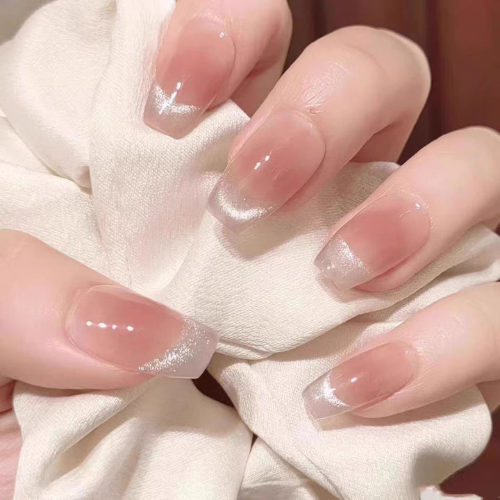 Elegant Artificial Nails with Sparkling Glitter and French Tip Design Bowlift