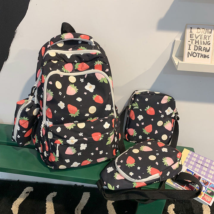 Stylish Strawberry Print Backpack Set