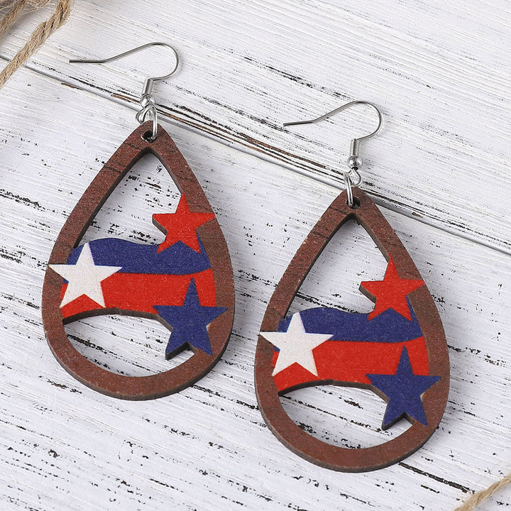 Women's nan patriotic teardrop wooden dangle earrings with star stripe cutout Bowlift