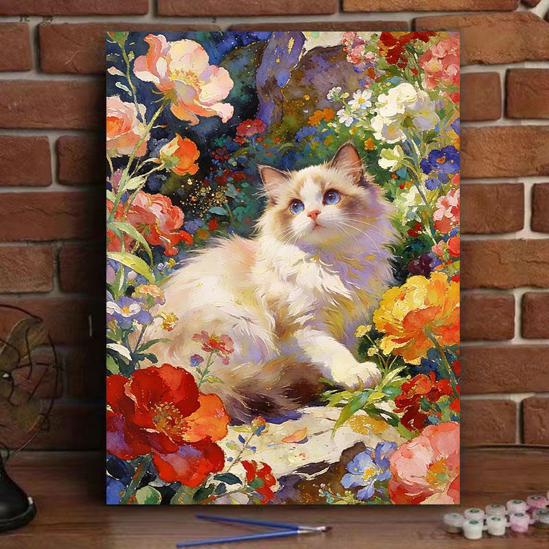 Cat-Themed Floral Canvas Art Print Bowlift