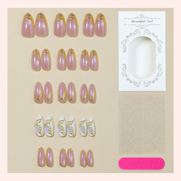 Elegant Press-On Nail Art Set with Golden Accents Bowlift