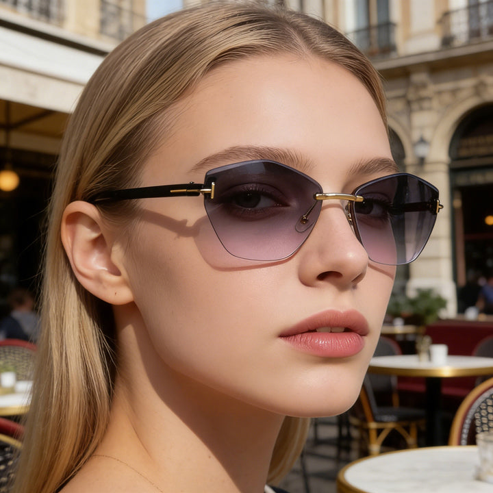 Rimless Hexagonal Gradient-Effect UV Protection Sunglasses with Adjustable Nose Pads Bowlift