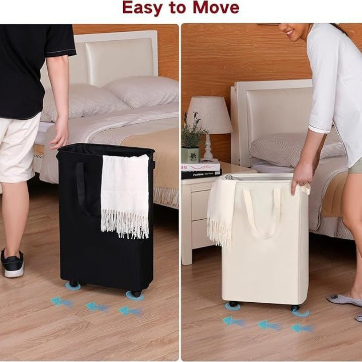 Foldable laundry basket with wheels and practical lid Bowlift