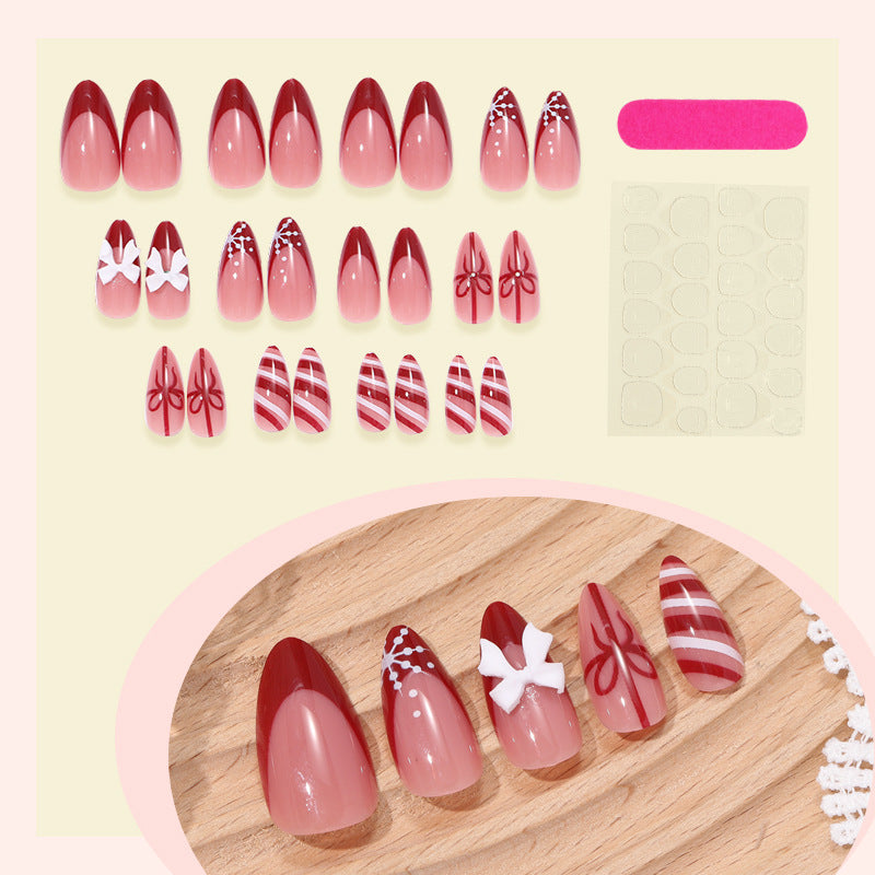 Decorative Press-On Nail Set with Elegant Bow and Striped Designs Bowlift
