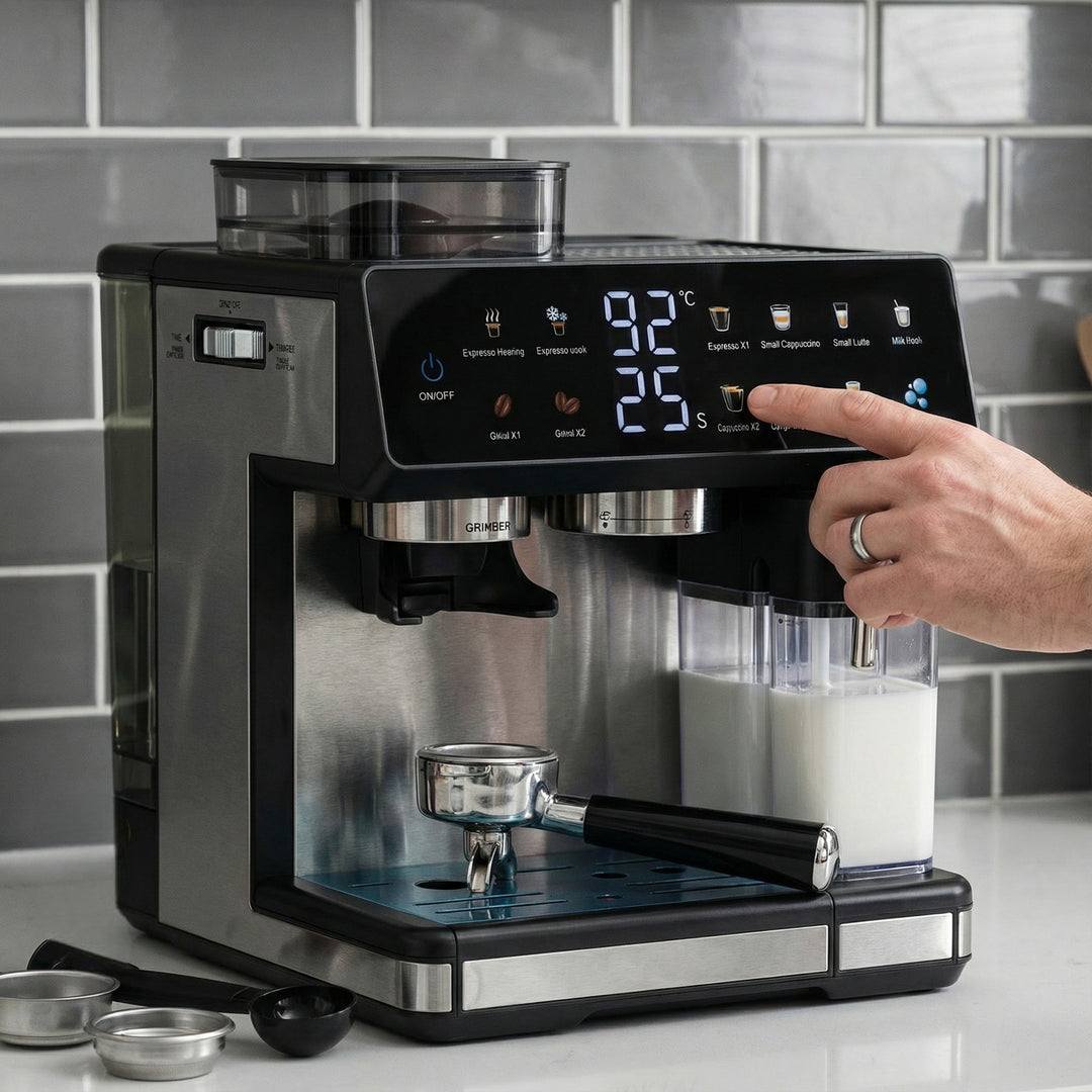 Espresso machine with integrated grinder, automatic temperature control and programmable coffee strengths Bowlift