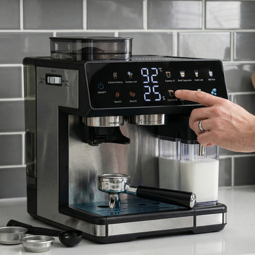 Espresso machine with integrated grinder, automatic temperature control and programmable coffee strengths Bowlift