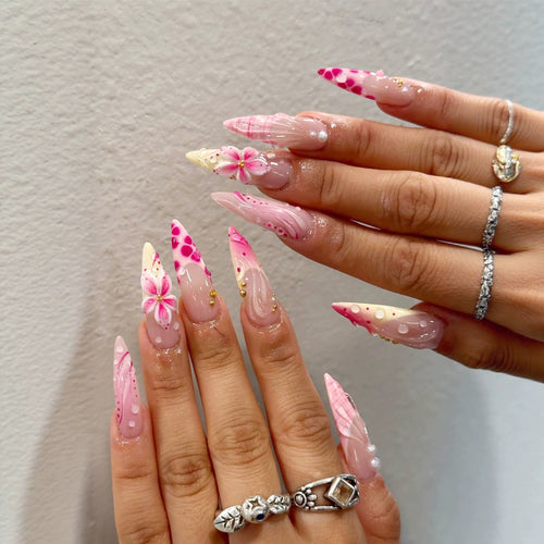Floral Stiletto Press-On Nail Set with Artistic Design Bowlift